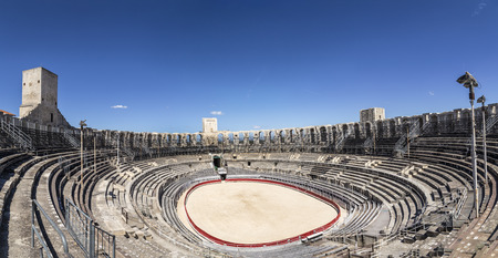 ARLES, FRANCE - AUG 21, 2016: view to famous arena in Arles, France. The old arena still serves as stadium for bull fights.のeditorial素材