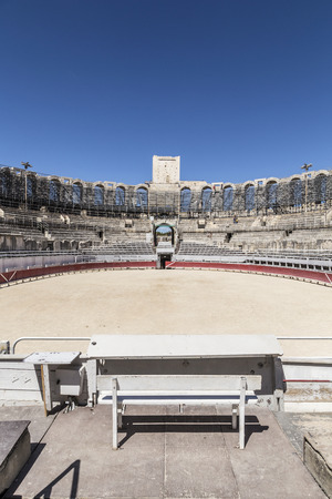 ARLES, FRANCE - AUG 21, 2016: view to famous arena in Arles, France. The old arena still serves as stadium for bull fights.のeditorial素材