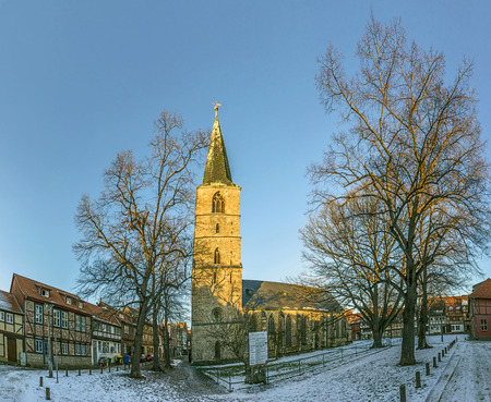 QUEDLINBURG, GERMANY - JAN 8, 2016: St. Nicolai church an d old half timbered houses in Quedlinburg, Germany. The town  is known to have existed since at least the early 9th century.のeditorial素材