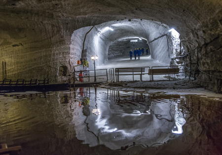 SONDERSHAUSEN, GERMANY - SEP 18, 2016: salt lake in the mining plant Sondershausen in Germany. Reopened as a tourist mine in 1996 and reopened as a halite producing mine in 2006.のeditorial素材