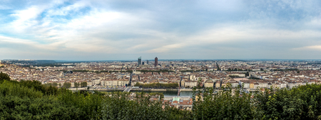 Aerial view of Lyon, the third largest city in France with the Rhone river goes through its historic centerの写真素材