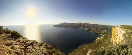 View of Cassis town, Cap Canaille rock and Mediterranean Sea from Route des Cretes mountain road, Provence, Franceの写真素材