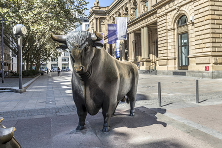 FRANKFURT, GERMANY - SEP 8, 2016: The Bull and Bear Statues at the Frankfurt Stock Exchange, Germany. Frankfurt Exchange is the 12th largest exchange by market capitalization.のeditorial素材