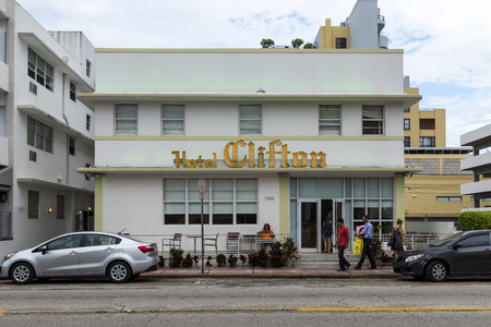 MIAMI, USA - AUG 5, 2013: facade of the Clifton Hotel, an old art deco hotel next to ocean drive in the Art deco district in Miami.のeditorial素材