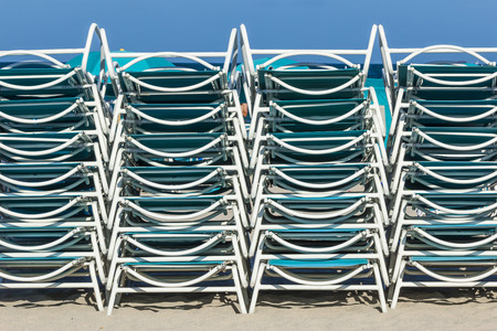 beach chairs stapled at the south Beach in Miami - late afternoonの写真素材