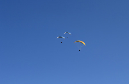 paraglider in the sky in Pokhara, Nepalの写真素材