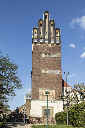 DARMSTADT, GERMANY - MAY 9, 2017: famous art nouveau buildings  at the Mathildenhoehe in Darmstadt, Germany under blue skyのeditorial素材