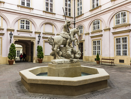BRATISLAVA, SLOVAKIA, MAY 25, 2017: Statue of knight St George slaying the dragon - fountain in Primate's palace, Bratislava. Bratislava is the capital of Slovakia on Danube River.のeditorial素材