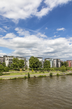 FRANKFURT, GERMANY - JULY 29, 2017: panoramic view to skyline of Frankfurt with ECB building and skyline. ECB was inaugurated in 2015 with demonstrations.  Actual head of ECB is Mario Draghi.のeditorial素材
