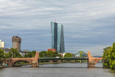 FRANKFURT, GERMANY - JULY 29, 2017: panoramic view to skyline of Frankfurt with ECB building and skyline. ECB was inaugurated in 2015 with demonstrations.  Actual head of ECB is Mario Draghi.のeditorial素材