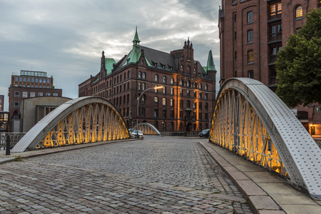view to historic Speicherstadt in Hamburgの写真素材