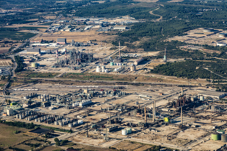 MARSEILLES, FRANCE - AUG 17, 2017: aerial of Tank farm and refinery in the industrial area of Marseille. Huge refineries serve other part of the country with petrol.のeditorial素材