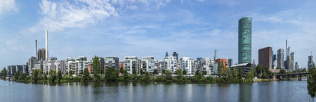 FRANKFURT, GERMANY - AUG 24, 2017: new West harbor buildings at the river Main in Frankfurt. The west harbor area was build in 2006 and ist an expensive in area in Frankfurt.のeditorial素材