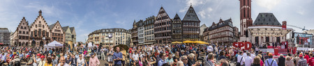 FRANKFURT, GERMANY - AUG 25, 2017: candidate for german cancellorship Martin Schulz helds a speech to his audience in Frankfurt at the Roemer place. People at the roemer wait for the candidate.のeditorial素材