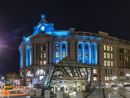 BOSTON, USA - SEP 12, 2017:  illuminated old south train station in Boston by night. Bostons South Station bus and train terminal is the busiest transit hub in Boston.のeditorial素材