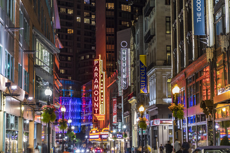 BOSTON, USA - SEP 13, 2017: view to famous historic theater district in Boston, Massachussets with ads of Paramount theater. The Paramount opened in 1932 as a 1700-seat, single-screen movie theatre. It was one of the first movie houses in Boston to play tのeditorial素材