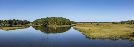 boat at beautiful lake landscape at Harwich at Cape Cod islandの写真素材