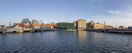 BOSTON, USA - SEP 12, 2017: panorama of Boston skyline with Boston tea party ship and museum, old wharf area and modern buildings at river Fort Point channel.のeditorial素材