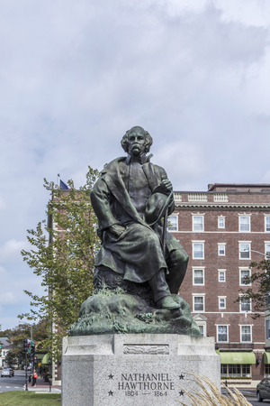 SALEM, USA - SEP 14, 2017: statue of nathaniel hawthorne born in Salem at July 4, 1804. He is a world known author and novelist with romantic literature.のeditorial素材