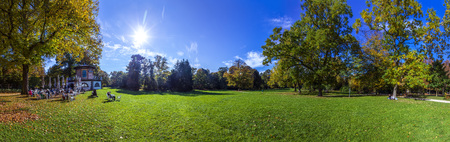 FRANKFURT, GERMANY - OCT 18, 2017: people enjoy sitting at the pavillion in Grueneburg Park. This park is the biggest in Frankfurt.のeditorial素材