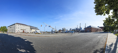 BOSTON, USA - SEP 21, 2017: panorama of wharf and museum area of historic USS constitution ship in the northern wharf area in Boston.のeditorial素材