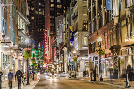 BOSTON, USA - SEP 13, 2017: view to famous historic theater district in Boston, Massachussets with ads of Paramount theater. The Paramount opened in 1932 as a 1700-seat, single-screen movie theatre.のeditorial素材