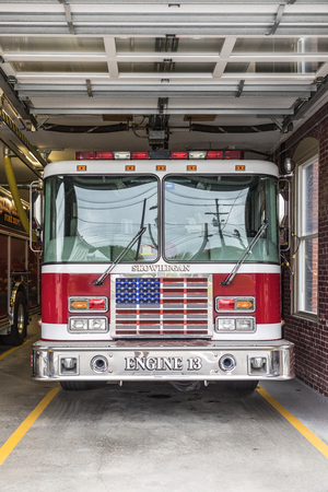 SKOWHEGAN, USA - SEP 19, 2017: Skowhegan fire brigade ready to start. The fire station, built in 1904 to a design by William R. Miller.のeditorial素材