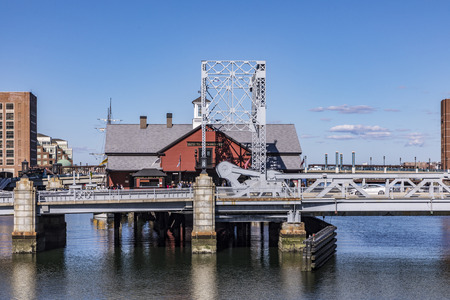 BOSTON, USA - SEP 29, 2017: downtown Boston at the river with Boston Teaparty museum.のeditorial素材