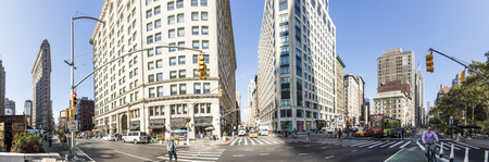 NEW YORK, USA - OCT 5, 2017: people at the broadway downtown Manhattan with panoramic view to Flatiron and surrounding skyscraper.のeditorial素材