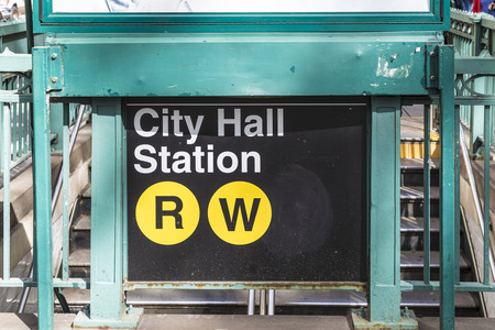 NEW YORK, USA - OCT 5, 2017: entrance for metro City Hall Station with line R and W downtown Manhattan, New York, USA.のeditorial素材