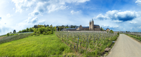 view to famous church in Ruedesheim with vineyardの写真素材