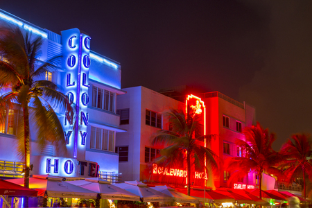 MIAMI, USA - Aug 30, 2014: View along Ocean Drive along South Beach Miami in the historic Art Deco District with hotels, restaurant and bar by night.のeditorial素材