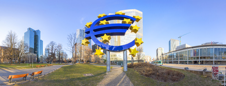 FRANKFURT, GERMANY - FEB 27, 2018: euro symbol stands in front of the old european central bank. The...