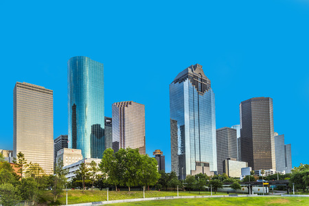 skyline of housto, Texas in bright sunsetの写真素材