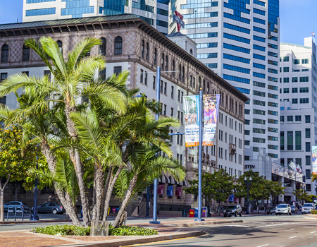 SAN DIEGO, USA - JUNE 11, 2012:  facade of historic San Diego armed services YMCA  in San Diego, USA in the gas lamp district. San Diego is famous for its historic buildings.のeditorial素材