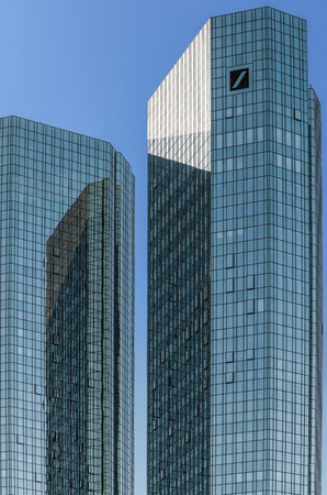 FRANKFURT, GERMANY - SEP 30, 2011: in front are the 155 meter high twin towers Deutsche Bank I and II in Frankfurt.のeditorial素材