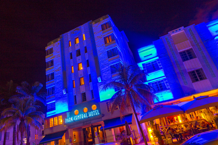 MIAMI, USA - AUG 28, 2014: Park central hotel at Ocean drive in Miami Beach, Florida. Art Deco architecture in South Beach is one of the main tourist attractions in Miami.のeditorial素材