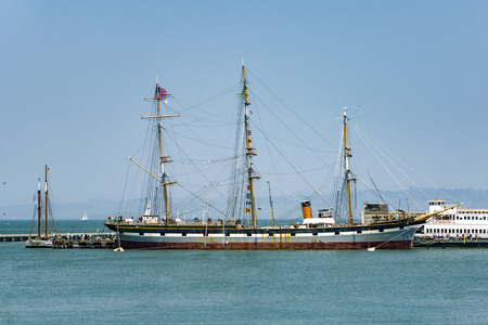 SAN FRANCISCO, USA - JULY 25, 2008: view to pier in San Francisco with Vintage 1886 sailing ship...