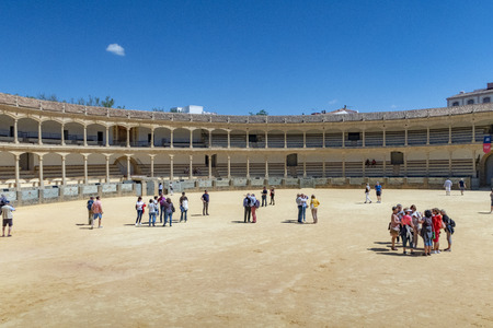 RONDA, SPAIN - MAY 17, 2018:  Visitors to the Plaza de Toros or Bullring. The bullring at Ronda is the oldest bullfighting ring in Ronda, Andalusia,Spain.のeditorial素材