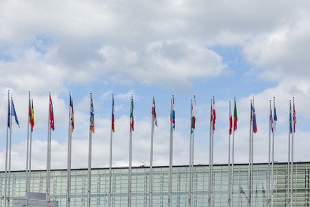 STRASBOURG, FRANCE - JUNE 18, 2018: All EU Flags European Union flag waving in front of European...