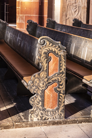 WETZLAR, GERMANY - JUL 18, 2018: beautiful bench decoration in the dome in Wetzlar. Wetzlar Cathedral has been used by both Roman Catholics and Protestants since the 16th century.のeditorial素材