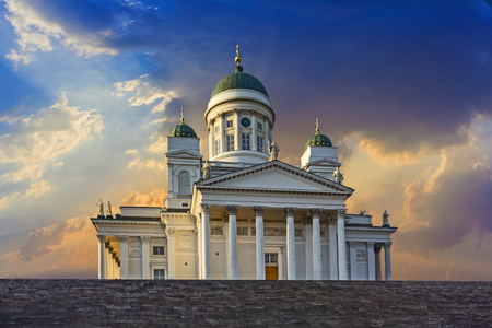 Helsinki cathedral and steps on blue sky background without clouds, finlandの写真素材
