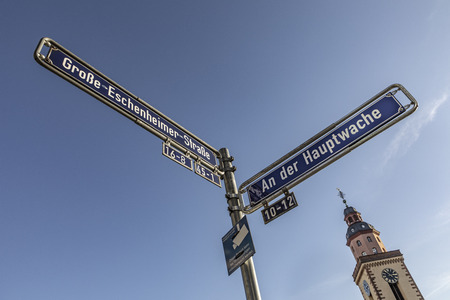 street name Great Eschenheimer alley (Grossse Eschersheimer Strasse) at the  main guard house in Frankfurt, Germanyのeditorial素材