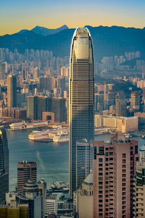 VICTORIA, HONGKONG - JANUARY 9, 2010: Hong Kong view from Victoria Peak to the bay and the...