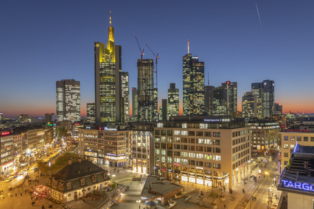 FRANKFURT, GERMANY - NOV 16, 2018: scenic skyline of Frankfurt am Main with  central guard house and people walking at Zeil, the shopping mall.のeditorial素材
