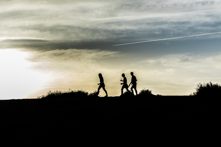 profile of people walking in nature in sunset - symbolの写真素材