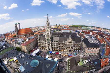 MUNICH, GERMANY - JUL 9, 2011: Aerial view  to Marienplatz, New Town Hall and Frauenkirche in Munich, Germany.のeditorial素材