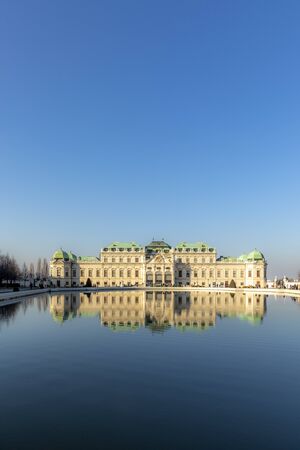 VIENNA, AUSTRIA - FEB 17, 2019: Baroque palace Belvedere is a historic building complex in Vienna, Austria, consisting of two Baroque palaces with a beautiful garden between them.のeditorial素材