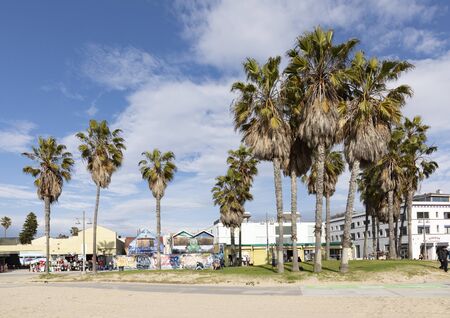 VENICE, USA - MAR 5, 2019: people enjoy scenic beach promenade with palms and colorful houses at Venice Beach in California.のeditorial素材