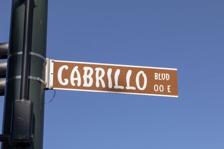 street name cabrillo Boulevard in Santa Barbara and brown color under blue skyのeditorial素材